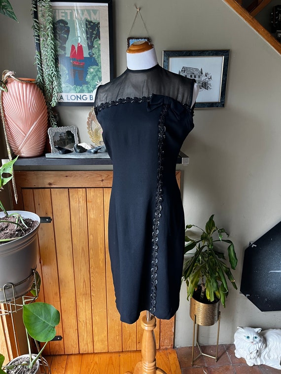 Vintage 50s 60s Black Sequin Trim Party Dress / R… - image 2