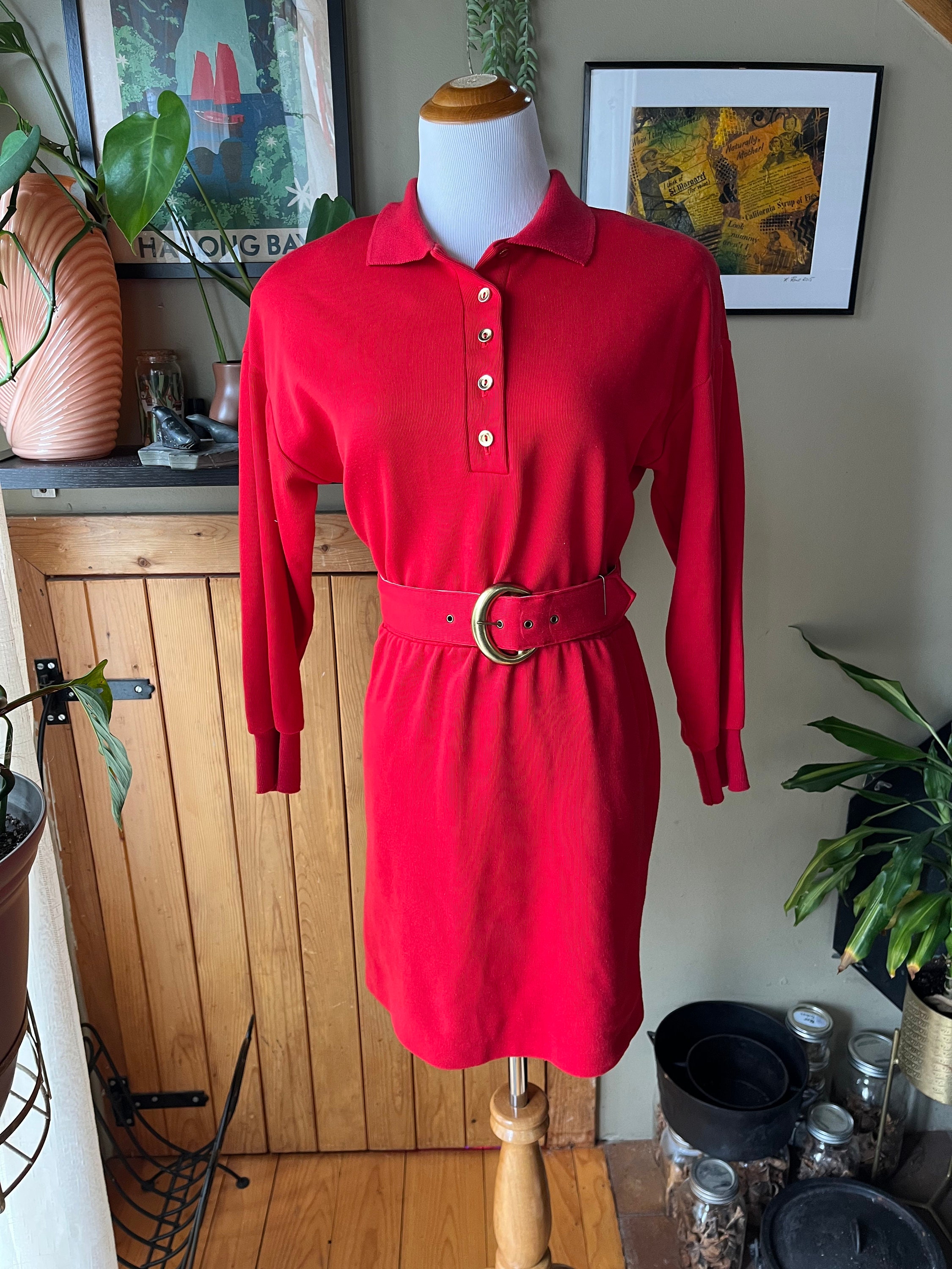 ワンピース [BADBLOOD] Vintage Club Polo Mini Dress Vintage 80s Bright Red Belted Polo Mini Dress / Retro 1980s
