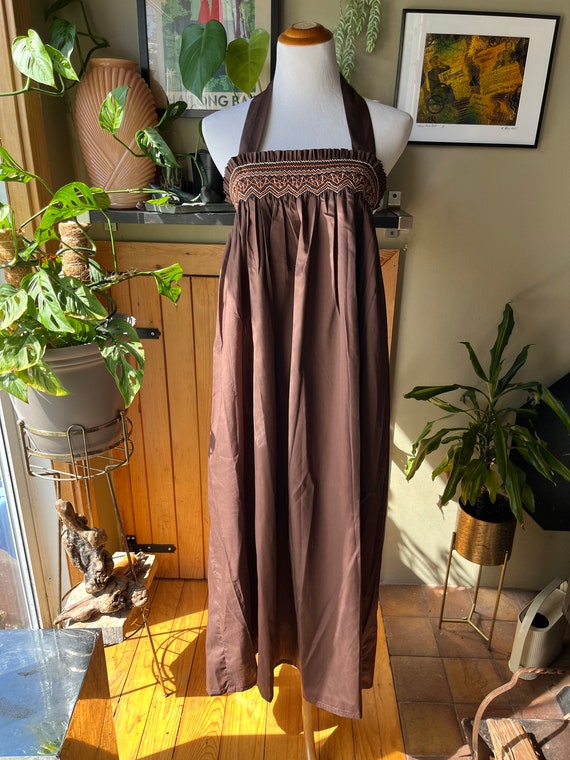 Vintage 60s 70s Brown Shirred Bodice Convertible … - image 2