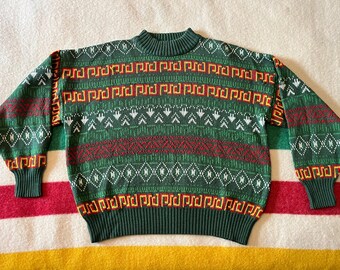 Vintage 90s ‘Perspective’ Green Southwestern Alpine Folk Pattern Knit Sweater | Large