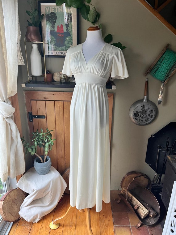 Vintage 70s 'Algo' Grecian Style Ivory Empire Waist Maxi Dress | Xs - Small