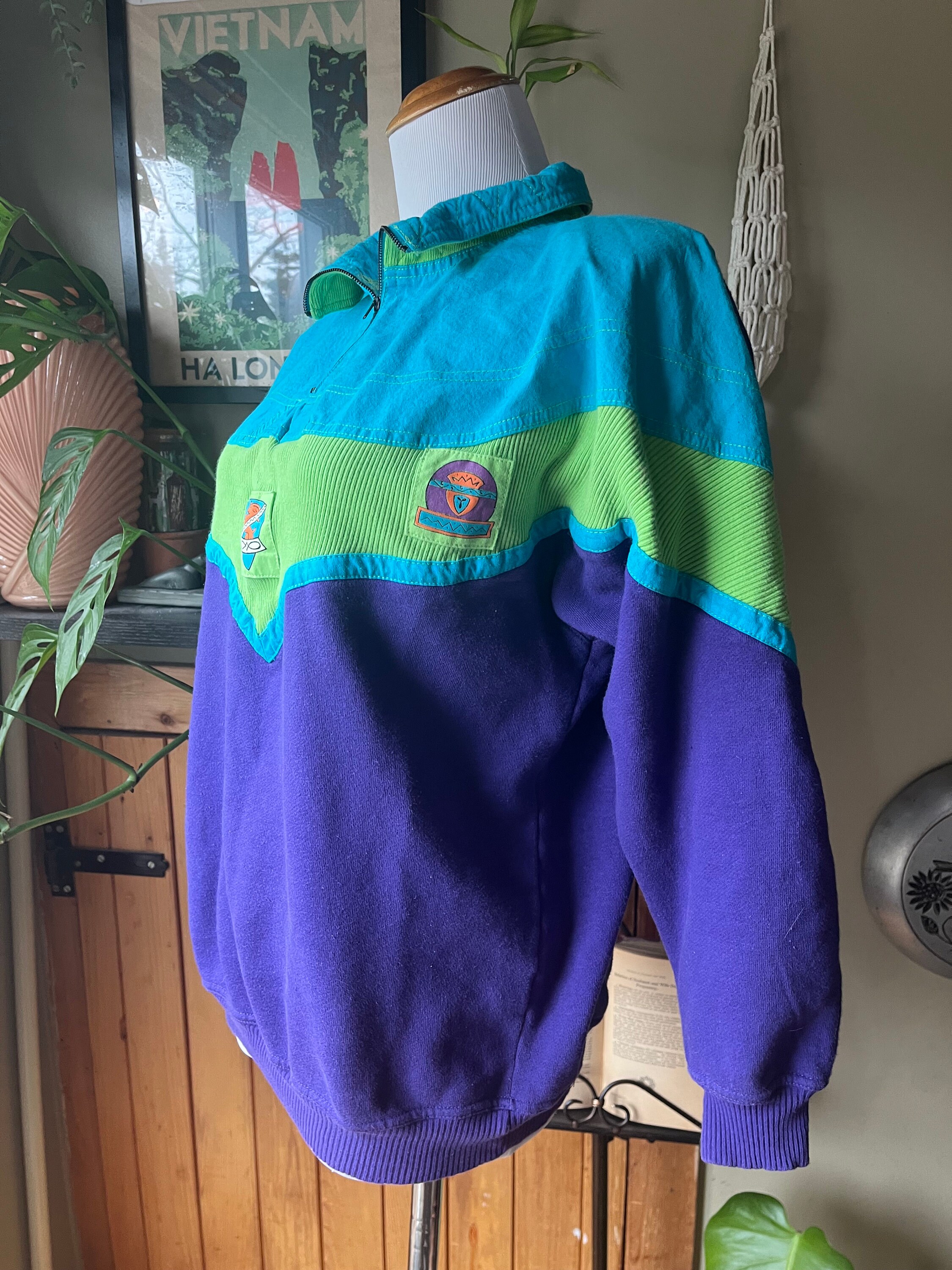 ⭐️珍品⭐️80s~90sEddieBauer snap sweat Vintage 80s Vibrant Neon Quarter Zip Sweatshirt / Retro