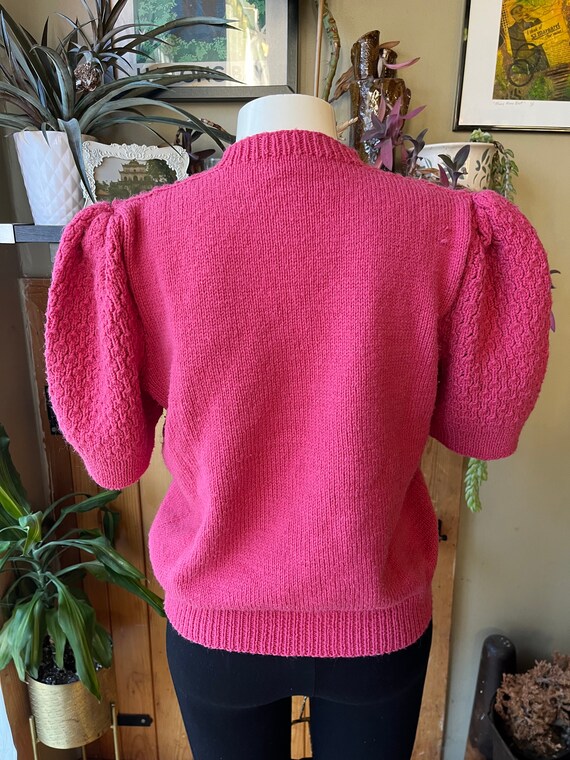 Vintage 80s 90s Pink Puff Sleeve Hand Knit Top / … - image 6