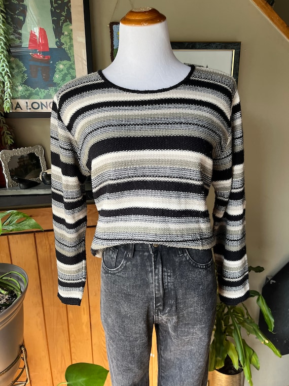 Vintage 90s Grunge Striped Knit Jumper / Retro 1990s Black
