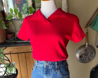 Vintage 50s ‘Styled by Junior’ Sporty Cherry Red Ribbed Polo Style Top | Small - Medium