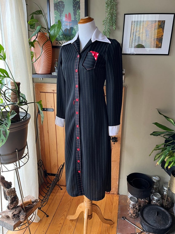 Vintage 70s Black Pinstripe Midi Dress with White… - image 2