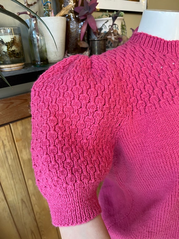 Vintage 80s 90s Pink Puff Sleeve Hand Knit Top / … - image 5