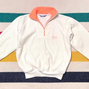 Vintage 90s ‘Mountain Gear’ White & Neon Orange Fleece Quarter Zip Pullover |  Small - Medium