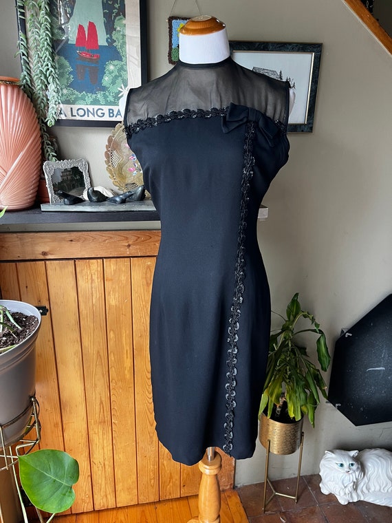 Vintage 50s 60s Black Sequin Trim Party Dress / R… - image 3