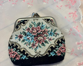 Vintage 50s Victorian Style Floral Tapestry Coin Purse | Petit Point Rose Kisslock Wallet