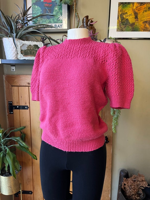 Vintage 80s 90s Pink Puff Sleeve Hand Knit Top / … - image 1