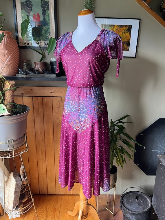 vintage style purple dress Vintage 70s Purple Floral Patchwork Prairie Dress | Semi Sheer | Small -  Medium