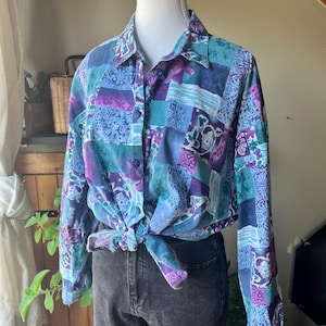 Vintage 90s Plus Size Blue Purple Patchwork Patterned Blouse / Retro 1990s Abstract Boho Hippie Floral Shirt / Cotton Ginny Plus / XXL 3X