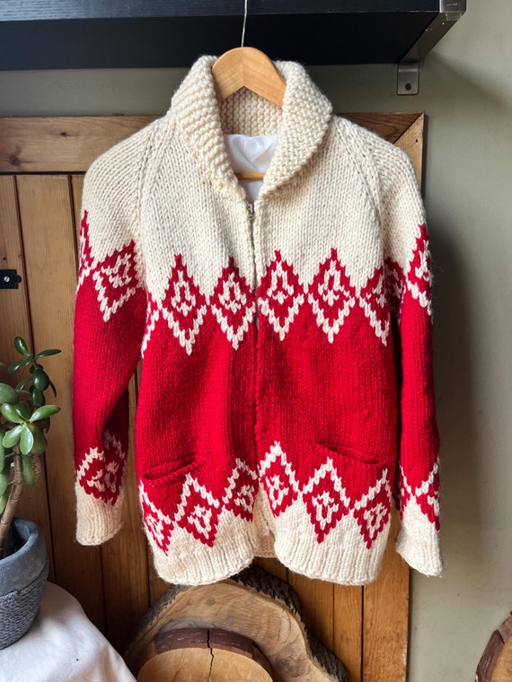 Vintage 60s 70s Red & Cream Mary Maxim “icelandia” Knit Cardigan