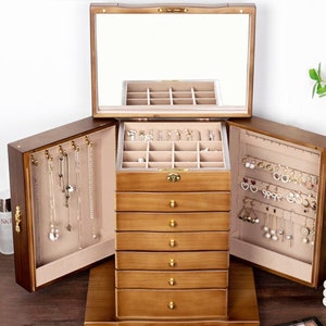 Große 7-Schicht-Holzschmuckschatulle, Hochleistungsverschluss Schmuck Organizer Lagerung, Gravur Halskette Ohrring Halter, Jubiläum Geburtstagsgeschenk
