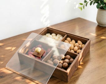 Walnut Nut Tray with Lid: Detachable 4-Grid Snack Box