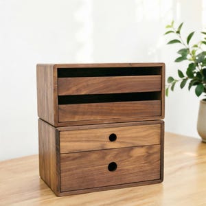Engraved Walnut Drawer Storage Box: 2-Layer Solid Wood Cabinet