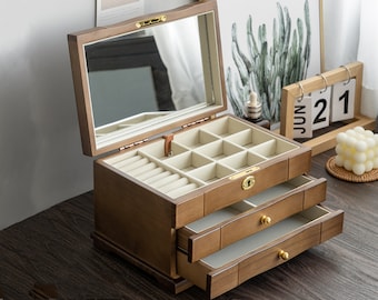 Graveren 3/4 laag houten juwelendoos, grote sieraden organisator opslag met slot, ketting ringen houder, verjaardag jubileum cadeau voor haar