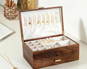 Engrave Walnut Jewelry box for women,Solid wood Jewellry Box for Necklace watch Organizer Storage