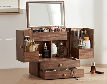 Grote houten make-up organisatoren, cosmetische opslag met hoge capaciteit, make-up schoonheidsdoos, opslag van cosmetica en toiletartikelen, jubileumcadeau voor vrouw