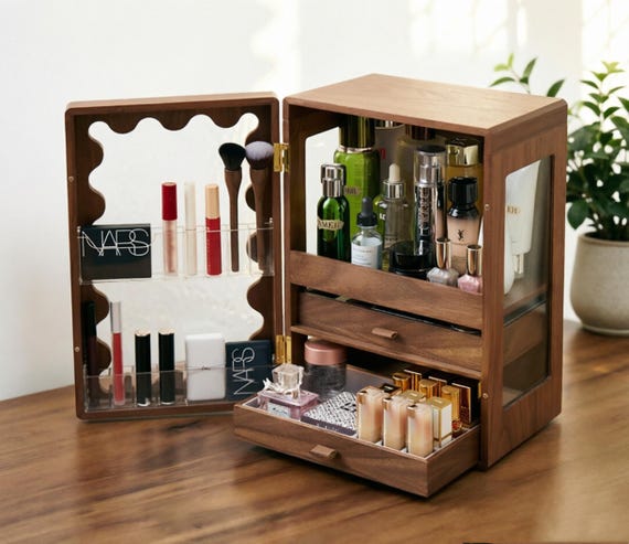 Großer Holz Makeup Organizer: Vintage Kosmetik & Schmuck Aufbewahrung