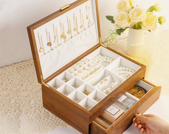 Engrave Walnut Jewelery box for women,High-quality solid wood Jewellry Box,Necklace watch Organizer Storage,Birthday Anniversary gift wife