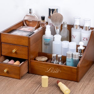 Livingandhome Cream Large Capacity Makeup Organizer with Rotating Brushes  Holder