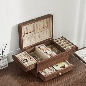 Benutzerdefinierte Gravieren Sie Namen 3-Schicht große Schmuckschatulle aus Holz, Schmuckaufbewahrung, Push-Pull-Schmuckaufbewahrung, Hochzeit, 5