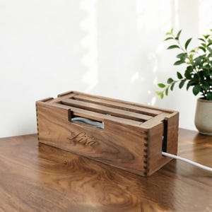 Engrave name Wood Desk Cord Organizer: Walnut Power Wire Storage Box