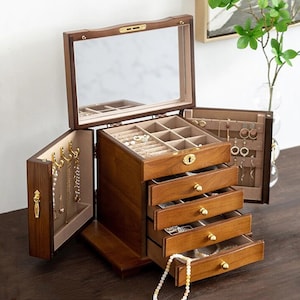 Portagioie in legno con incisione a 4/5 strati, grande portagioielli con chiusura a chiave con cassetto, portagioielli, regalo personalizzato regalo di compleanno moglie