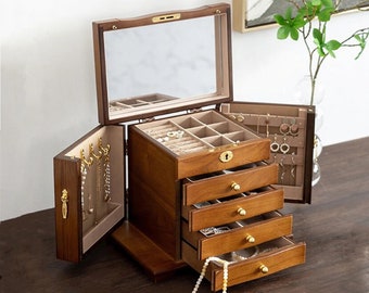 Gravieren Sie 4/5 Schicht hölzerne Schmuckschatulle, große Verriegelung Schmuck Organizer Lagerung mit Schublade, Schmuckhalter, personalisiertes Geschenk Geburtstagsgeschenk Frau