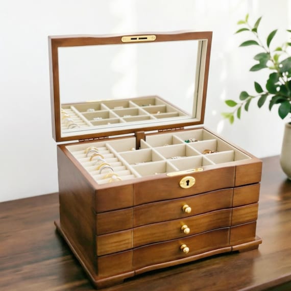 Vintage Schmuckkästchen aus Holz mit Schloss, Aufbewahrung für Halsketten und Ringe