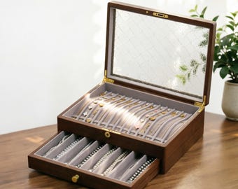 Walnut Necklace Boxwith Glass Lid:Jewelry case for women