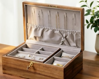 Graveer walnoot sieradendoosje met slot, 2 laags ketting ringen armband sieraden organizer opslag