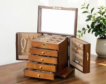 Engrave Large lockable Wooden Jewelry Box,Tiered Necklace Ring Storage