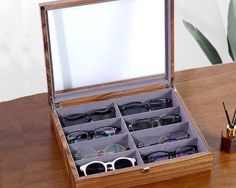 Engrave 8 Slots Sunglasses Wooden Compartments Display Case,large Glasses Storage Box,Eye Glasses Cases Display,Gift for husband him