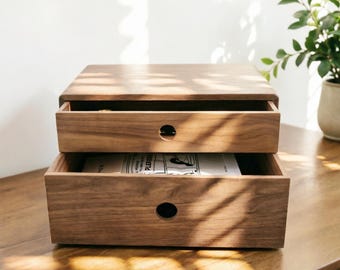 Engraved Walnut Drawer Storage Box: 2-Layer Solid Wood Cabinet