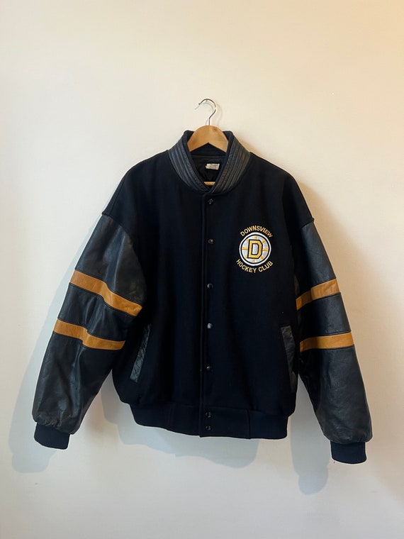 Vintage varsity American bomber jacket, leather sleev… - Gem