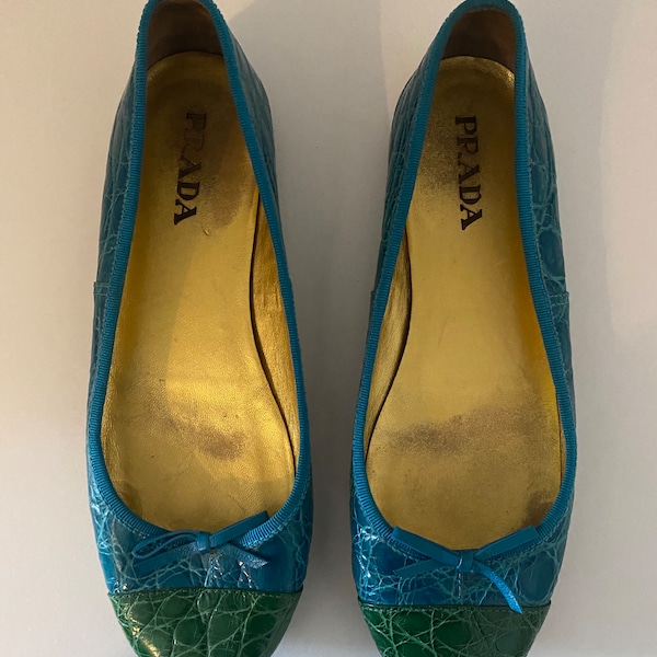 PRADA crocodile green and blue ballet flats size 37 1/2