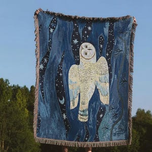 May include: A blue woven blanket with a white owl design, set against a dark blue night sky with stars and a crescent moon. The blanket has a fringed edge. The blanket is held up outdoors on a sunny day.