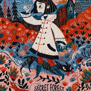 Puede incluir: Ilustraci&oacute;n de una ni&ntilde;a con abrigo blanco y detalles rojos, caminando por un bosque con un gato negro. La obra utiliza rojo, azul y rosa, con el texto "SECRET FOREST" en la parte inferior.