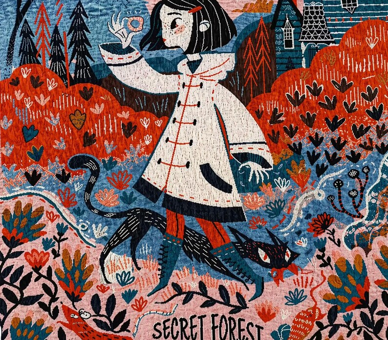Puede incluir: Ilustraci&oacute;n de una ni&ntilde;a con abrigo blanco y detalles rojos, caminando por un bosque con un gato negro. La obra utiliza rojo, azul y rosa, con el texto "SECRET FOREST" en la parte inferior.