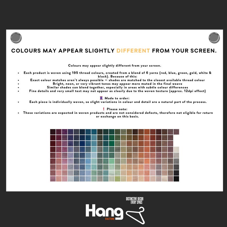 Puede incluir: Un letrero blanco con el texto "COLOURS MAY APPEAR SLIGHTLY DIFFERENT FROM YOUR SCREEN." y una paleta de colores. El letrero tambi&eacute;n incluye texto sobre el proceso de tejido y las variaciones de color del producto.