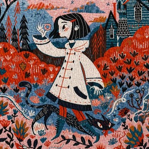 Puede incluir: Una ilustraci&oacute;n muestra a una persona con un abrigo blanco con detalles rojos, sosteniendo un objeto peque&ntilde;o, acompa&ntilde;ada por un gato negro. El fondo incluye un bosque, casas y follaje colorido en tonos de rojo, azul y rosa.