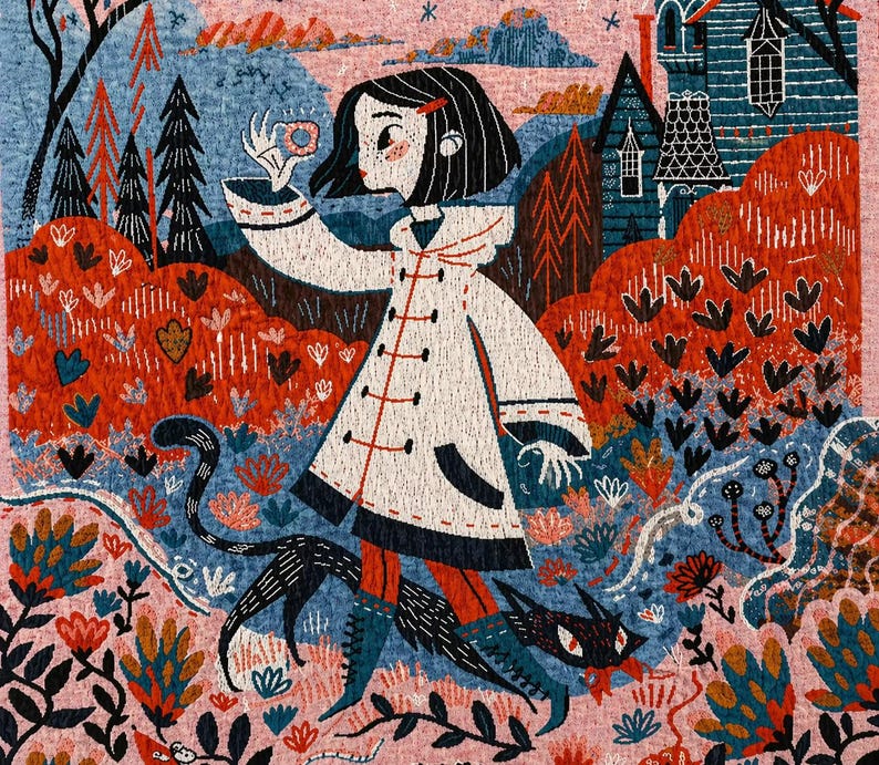 Puede incluir: Una ilustraci&oacute;n muestra a una persona con un abrigo blanco con detalles rojos, sosteniendo un objeto peque&ntilde;o, acompa&ntilde;ada por un gato negro. El fondo incluye un bosque, casas y follaje colorido en tonos de rojo, azul y rosa.