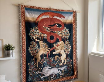 Medieval Dragon Woven Tapestry Blanket - Fantasy Beast Wall Hanging - Red Dragon Unicorn Lion Art - Gothic Castle Decor - Mythical Creature
