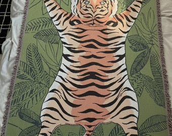 Tiger Print Woven Tapestry Throw Blanket | Woven Cotton Jungle Safari Animal Art | Tiger Rug Wall Hanging