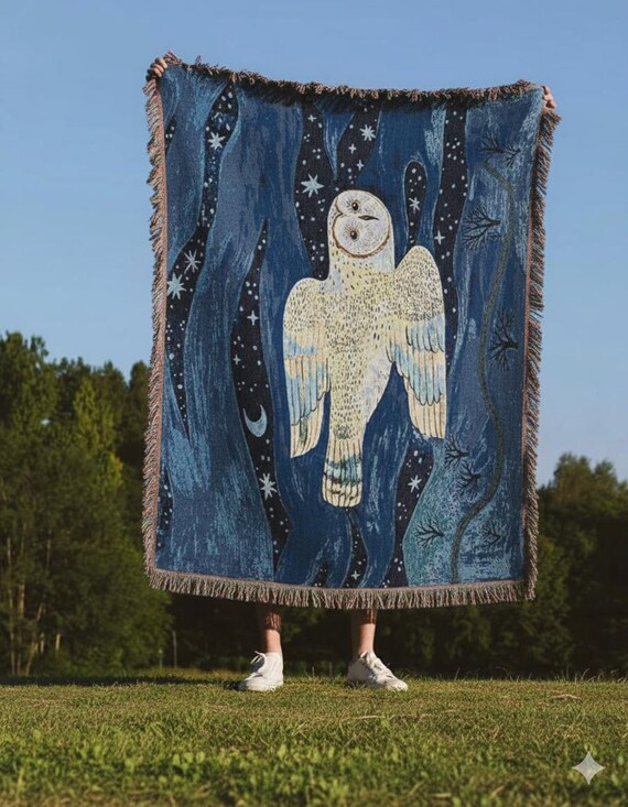 Woven Owl Blanket – Mystical Celestial Moon & Stars Tapestry – Dark Academia Wall Hanging – Nature Inspired Cotton Throw