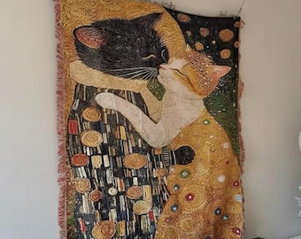 Artistic Woven Throw Blanket | Gustav Klimt "The Kiss" Cats | Tapestry Wall Hanging