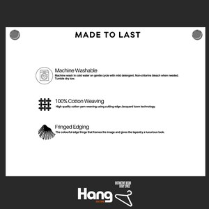Puede incluir: Gr&aacute;fico informativo blanco con el texto "MADE TO LAST". Incluye detalles como "Lavable a m&aacute;quina", "Tejido 100% algod&oacute;n" y "Flecos". El logotipo de Hang Culture est&aacute; en la parte inferior.